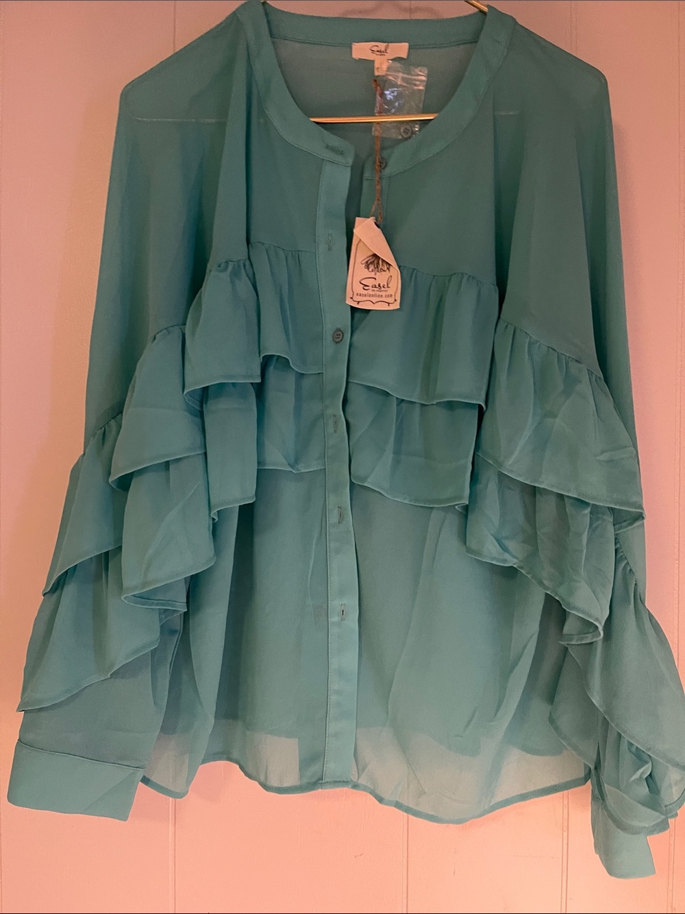 easel Seafoam Ruffle Button-Front Blouse